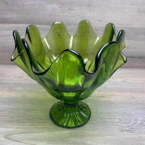 Vintage Green Glass LE Smith Handkerchief Footed Compote